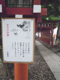 花園神社のカラスへの注意を促す看板